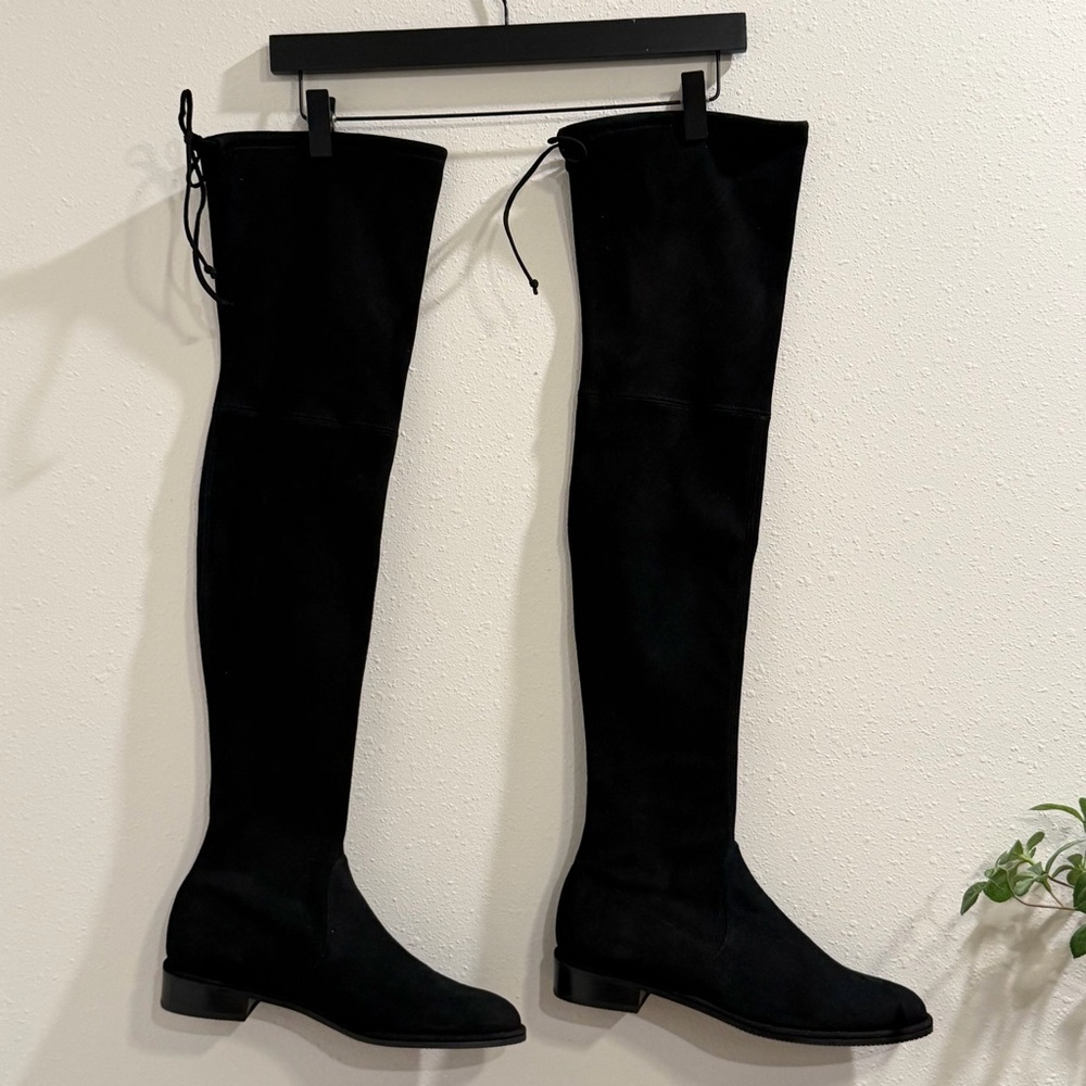 Stuart Weitzman NWOB 9.5 Black Lowland Suede Over The Knee Boots Leather Pull On - Picture 3 of 9